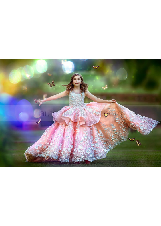 Pink Beaded Lace Tulle Peplum Luxury Flower Girl Dress